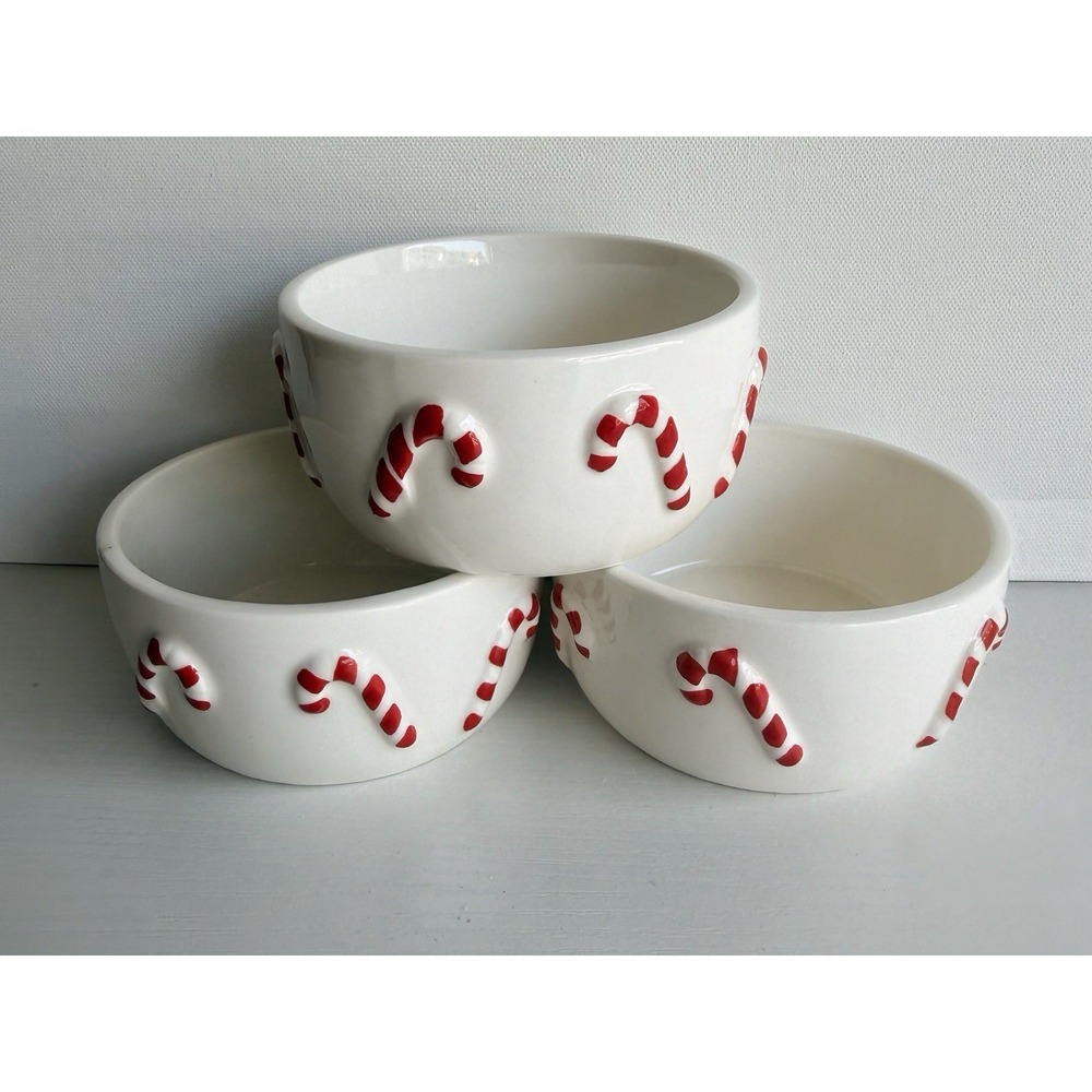 Set Of 3 Christmas Ramekins 4in Candy Cane Ceramic Oven Safe Baking Dish New